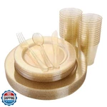 I00000 150PCS Gold Disposable Plates Silverware, Glitter Dinnerware Set New. Price: $57.99.