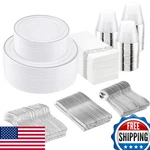 I00000 350PCS Silver Plastic Dinnerware Set: Plates, Napkins, Cups, Cutlery New. Price: $73.74.