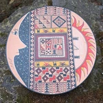 Sun & Moon Hand Painted Decorative Plate Wood Wall Geometric Design 10" Used. Price: $19.99.