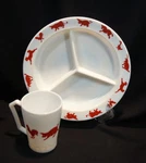 Hazel Atlas Milk Glass Child's Divided Plate And Cup Set Red Barnyard Animals Used. Price: $15.00.
