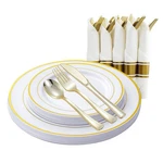 Gold Plastic Plates And Disposable Silverware W/per-rolled Napkins,home Parti... New. Price: $31.59.