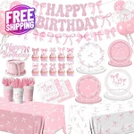 Pink Bow Birthday Party Supplies For Girls Serves 24, Plates, Cups, Napkins New. Price: $45.99.