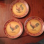 Set Of 3 Country Rooster Dinner Plates, Red Brown Round, Animal Print Used. Price: $29.00.