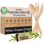 Jenvita Bamboo Utensils - 50 Forks, 25 Spoons, Knives Disposable / Reusable New. Price: $29.99.