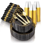Stock Your Home Black And Gold Plates Set Pre-rolled Cutlery Napkins Cups New. Price: $99.01.