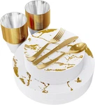 180PCS Disposable Dinnerware Set 30 Guest, 60 White And Gold Plastic Plates, New. Price: $42.99.