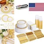 Gold Disposable Plastic Plates Set For 50 Guests Includes Dinnerware And Napkins New. Price: $104.49.