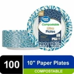 Great Value Ultra Compostable Disposable Paper Plates, 10", Multi-color, 100 New. Price: $8.99.