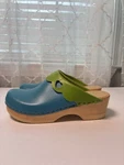 Halskor Leather Clogs Women Size 5-6.5 Eu 36 Blue Green With Wooden Soles Pre-owned. Price: $25.00.