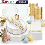 Elegant Disposable Gold Plates Set W/ Plastic Cutlery Cups & Napkins Events New. Price: $55.63.