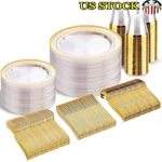Disposable Dinnerware Set Clear Plastic Plates Gold Trim Parties Events 250 Pcs New. Price: $60.78.