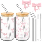 Skylety Set Of 2 Coquette Bow Glass Cup 16OZ Pink With Lids And Str... New. Price: $27.91.