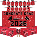 Graduation Decorations 2026 - Red Congrats Banner Backdrop Tablecloth Set New. Price: $17.99.