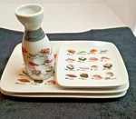 5 Piece World Market Know Your Sushi Set 2 Platter Plates & Saki Pitcher! Used. Price: $22.00.