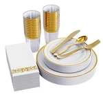 175PCS Gold Dinnerware Set For 25 Guests White Plastic Plates With Rim Incl New. Price: $47.93.