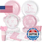 300 Pcs Pink Bow Plates Cups Napkins Tableware Sets Coquette Birthday Party Supp New. Price: $57.62.