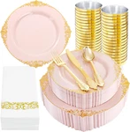 350PCS Pink Plastic Plates & Gold Silverware Set For Guests Party New. Price: $111.99.