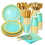 Teal And Gold Party Supplies 140 Pieces Dot Disposable Dinnerware New. Price: $37.75.