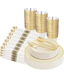 New Wellife 30 Guests Dinnerware Set Gold Plastic Plates Cups Silverware Wedding. Price: $29.99.
