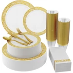 210 Count Gold Plastic Dinnerware, Disposable Plates, Large, New. Price: $42.99.