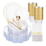 Wdf 350PCS Clear Gold Plastic Dinnerware Set Disposable Plates Silverware Cups New. Price: $89.99.