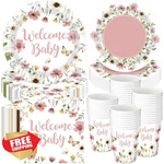 Pickmesh Pink Floral Baby Shower Plates Napkins Cups For 50 Guests New. Price: $45.99.