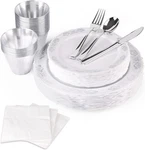 175 Pieces Silver White Dinnerware Set For 25 Guest Disposable Tableware Plastic New. Price: $39.09.