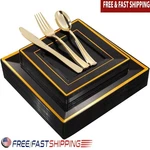 Black Gold Plastic Plates Cutlery Set Disposable Tableware Events 50 Pieces New. Price: $42.09.