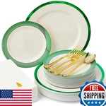 By Madee Heavyweight 175 Pc Ivory Plates Greentrim Disposable Dinnerware Set New. Price: $41.44.