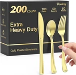 200 Count Heavy Duty Gold Plastic Silverware, 100 Forks, 50 Spoons, Knives. New. Price: $41.99.