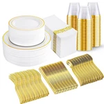 I00000 350PCS Gold Dinnerware Set For Guests, Plastic Plates Part... New. Price: $61.61.
