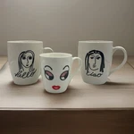 Lot 3 Coffee Mugs- Hello/ Ciao 16OZ/ Lady Ceramic Cups- Faces Used. Price: $24.95.