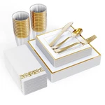 Focusline 175 Count Gold Dinnerware Set For 25 Guests - Square Plastic Plates New. Price: $55.82.