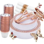 Rose Gold Plastic Dinnerware Set, 350-PIECES, Disposable Plates, Cups, Napkins, New. Price: $129.88.