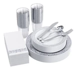 175 Silver Dinnerware Set For 25 Guests White Plastic Plates With Lace Ri New. Price: $47.93.