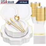 Gold Disposable Dinnerware Set Elegant Plates Forks Knives Cups Napkins Parties New. Price: $58.80.