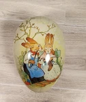 German Paper Mache Easter Egg Bunny Couple Sitting Outside On Bench Euc Used. Price: $16.00.