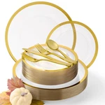 Madee Heavyweight Clear Plastic Plates W/ Gold Trim Disposable 150-PC Set For New. Price: $86.85.