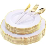 Wdf 30 Guest Gold Plastic Plates & Disposable Silverware With White New. Price: $39.69.