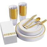 Disposable Silver Rim Dinnerware Set 25 Plates Forks Spoons Knives Cups Napkins New. Price: $50.14.