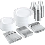 Elegant Disposable Dinnerware Set Gold Trim Plastic Plates Forks Spoons Cups New. Price: $60.14.