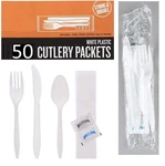 50 Plastic Cutlery Packets - Knife Fork Spoon Napkin Salt Pepper Sets White... New. Price: $20.83.