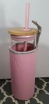 Tronco Glass Tumbler, 24OZ, Bamboo Lid, Straw, Clear With Pink Cozy, New. Price: $15.98.
