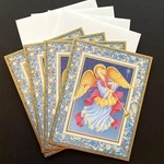 Set Of 4 New Caspari Large Christmas Cards Angel In Blue Trumpet Gold Foil. Price: $15.99.