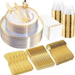 Sut 350PCS Plastic Dinnerware Set For Guests, Clear And Gold Plate... New. Price: $93.98.