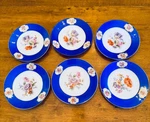 6 Antique Hand Painted Floral China Plates, Cobalt Blue Rim, Gilt Accents, Rare Used. Price: $125.00.