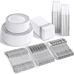 Elegant Disposable Dinnerware Set Gold Trim Plastic Plates Forks Spoons Cups New. Price: $66.03.