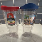 Tervis Key West Insulated 24OZ Plastic Tumblers Set Of With Red & Blue Lids Used. Price: $11.00.