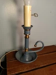 Vintage Metal Table Lamp, Blue & Gold, Chamberstick Design, Finger Loop Used. Price: $29.00.