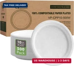 Vplus 500 Pack Compostable Disposable Paper Plates 10.25 Inch Super Strong New. Price: $131.23.
